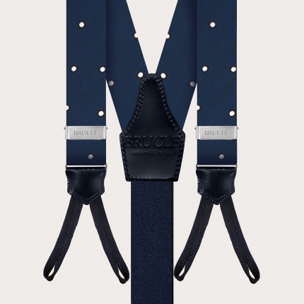 Refined set of suspenders with buttonholes and tie, blue silk with white polka dots