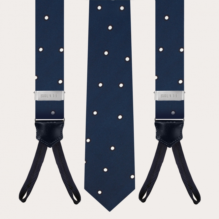 Edles Set aus Hosenträgern mit Knopflöchern und Krawatte, blaue Seide mit weißen Tupfen