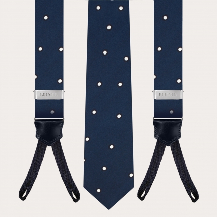 Ensemble raffiné bretelles avec boutonnières et cravate, soie bleue à pois blancs