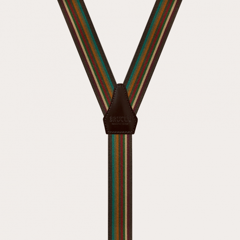 Narrow Y-shaped braces with multicolored stripes, shades of brown