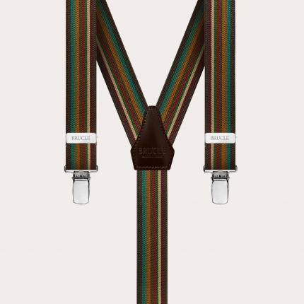 Narrow Y-shaped braces with multicolored stripes, shades of brown