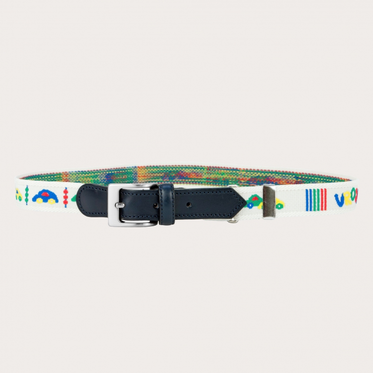 White children's belt with toy cars