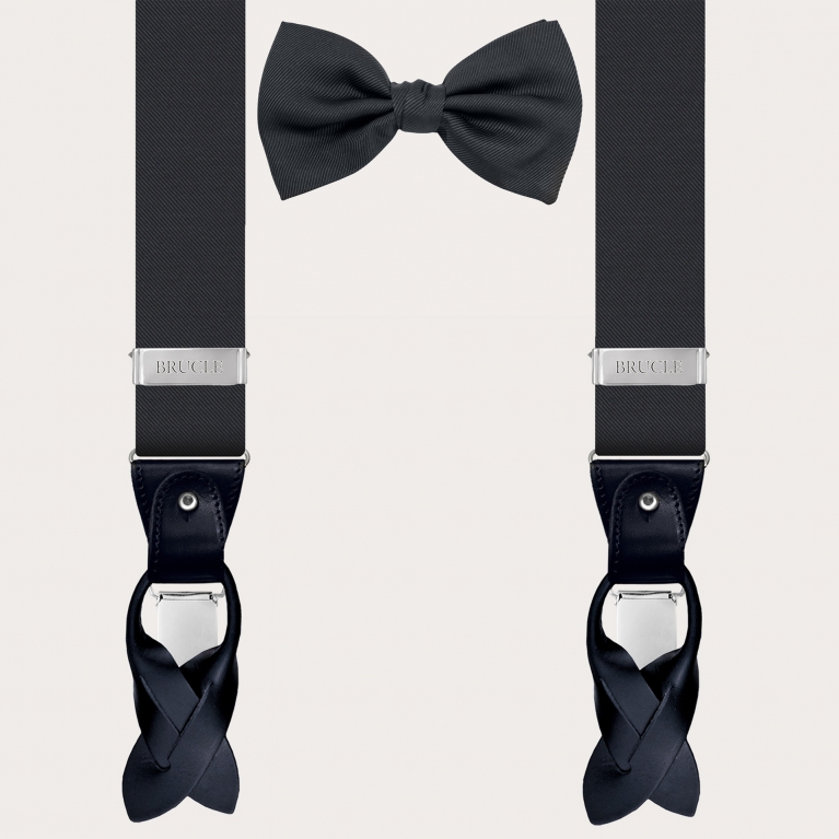 Set of suspenders and bow tie in elegant slate grey silk