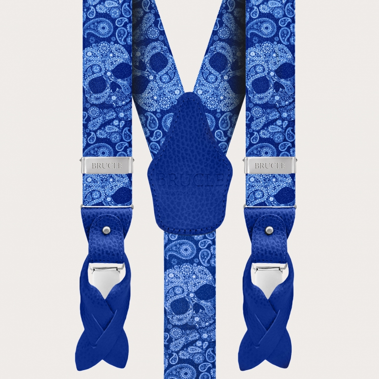 Blue double-use braces with blue skulls pattern