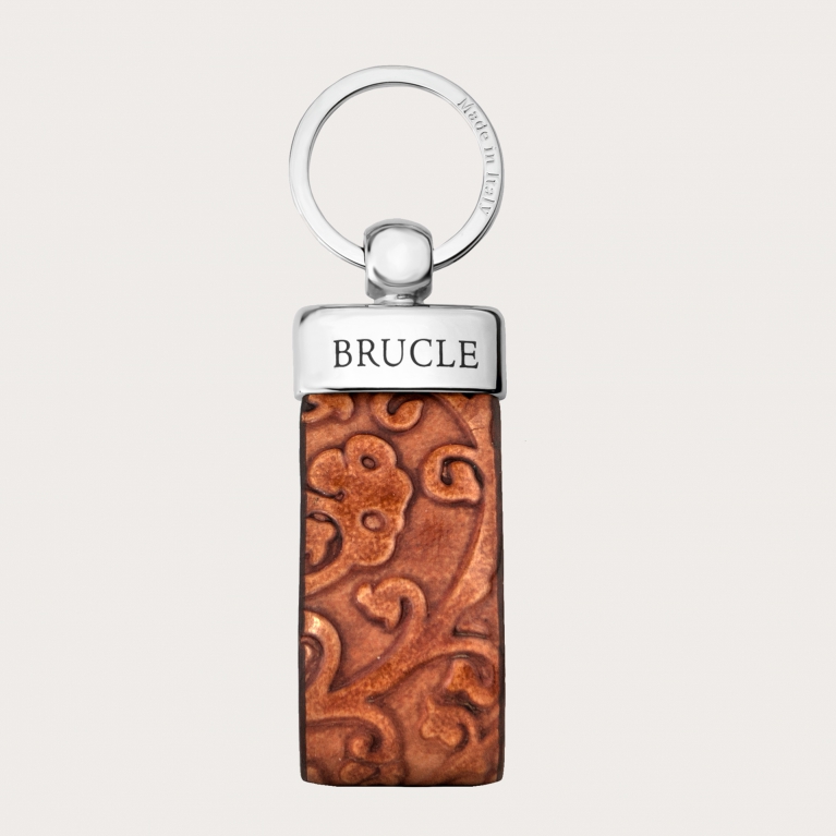 Genuine leather flower pattern keychain, brown