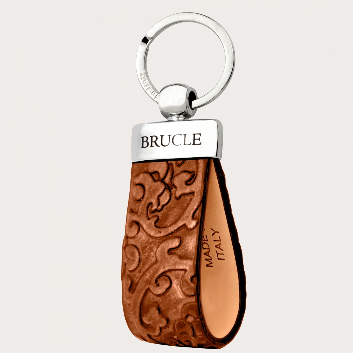 BRUCLE Genuine leather flower pattern keychain, brown