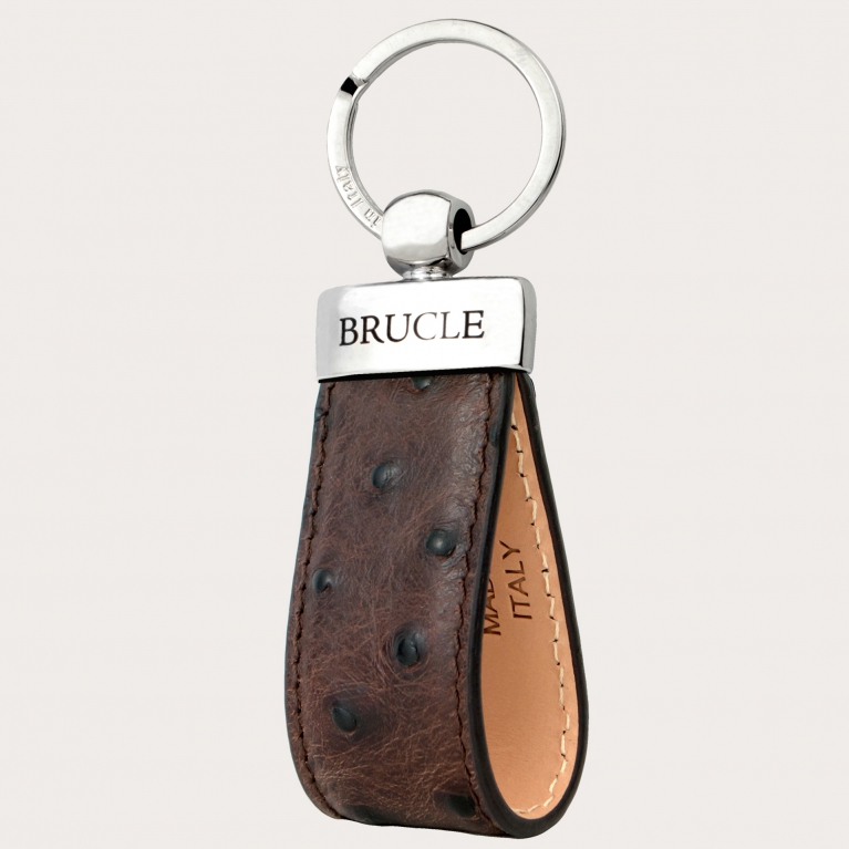 Genuine leather keychain print ostrich, dark brown