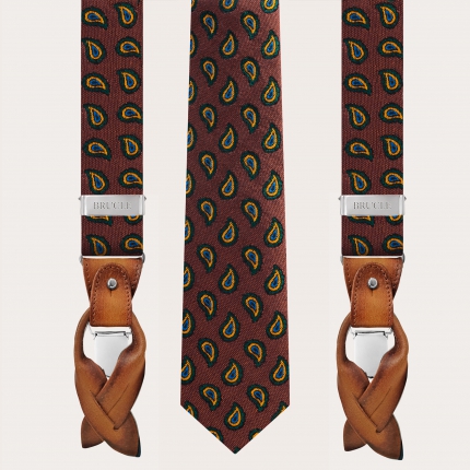Orange and brown paisley pattern silk and cotton suspender and tie set