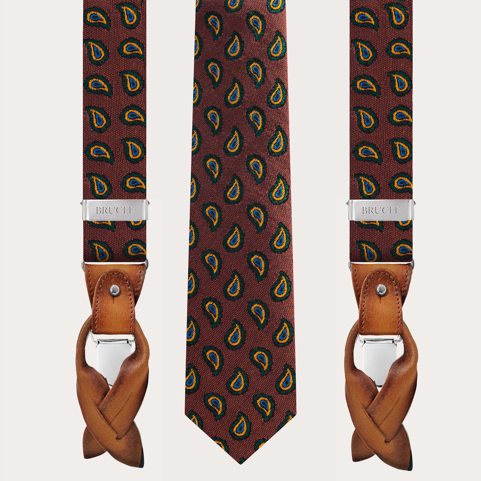 BRUCLE Orange and brown paisley pattern silk and cotton suspender and tie set