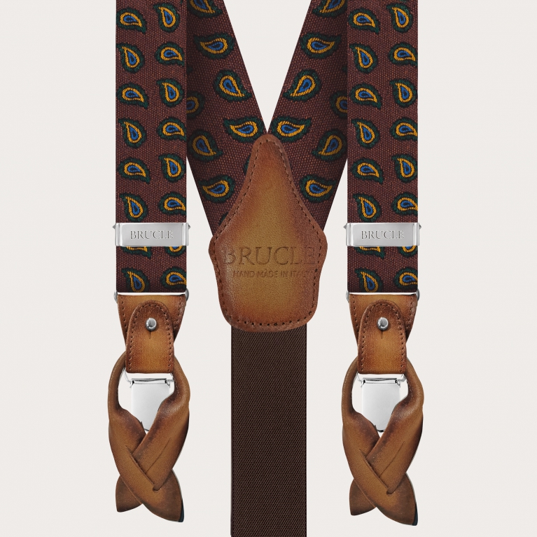 Hosenträger- und Krawattenset aus Seide und Baumwolle, orange-braunes Paisleymuster
