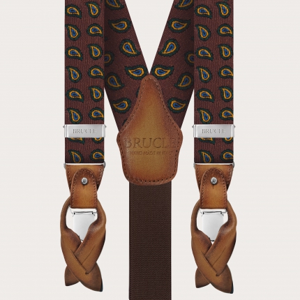 Conjunto de tirantes y corbata de seda y algodón con estampado paisley naranja y marrón