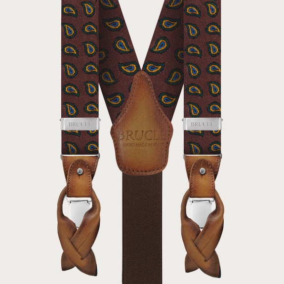 BRUCLE Ensemble de bretelles et de cravates en soie et coton à motif cachemire orange et marron