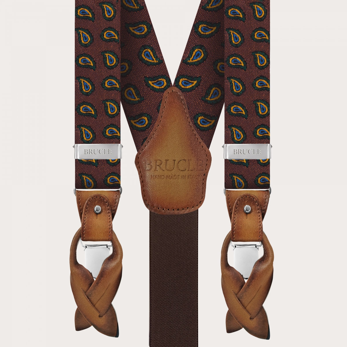BRUCLE Set di bretelle e cravatta in seta con motivo paisley arancio e marrone