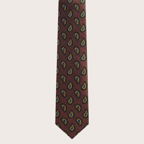 BRUCLE Orange and brown paisley pattern silk and cotton thin suspenders and tie set