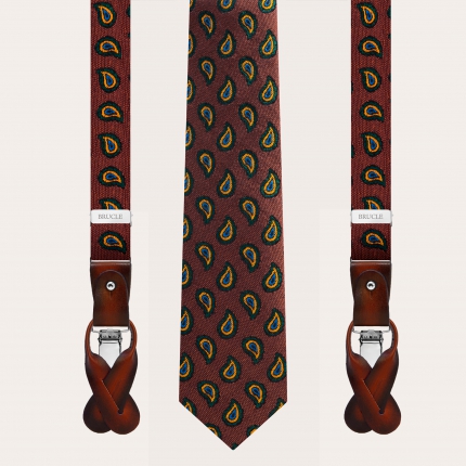Orange and brown paisley pattern silk and cotton thin suspenders and tie set