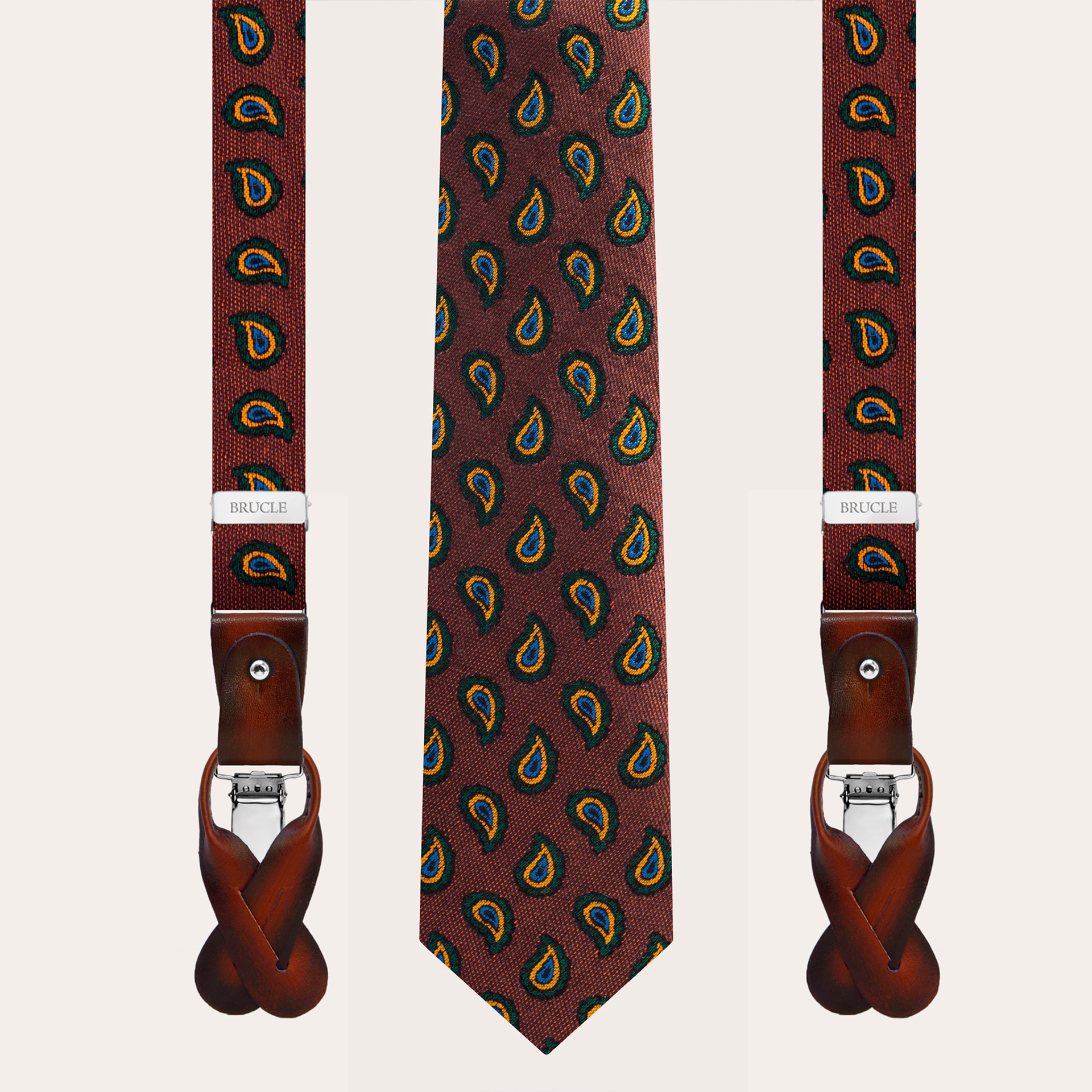 BRUCLE Orange and brown paisley pattern silk and cotton thin suspenders and tie set