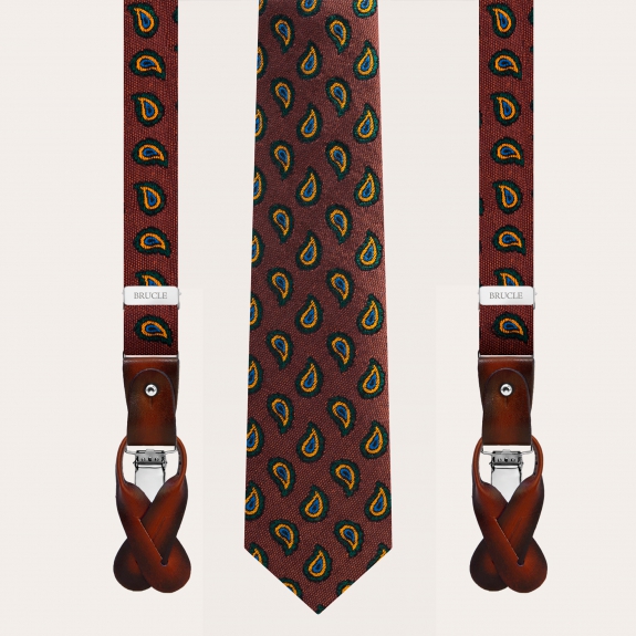 BRUCLE Conjunto de tirantes finos y corbata de seda y algodón con estampado paisley naranja y marrón