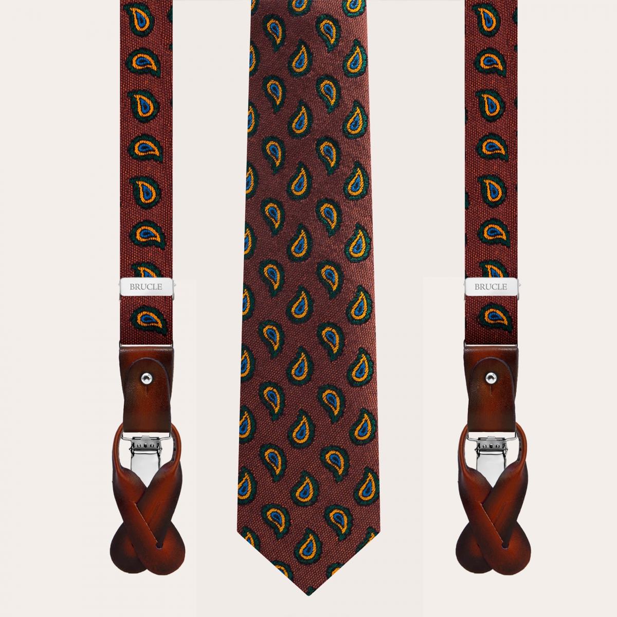 BRUCLE Set di bretelle sottili e cravatta in seta con motivo paisley arancio e marrone