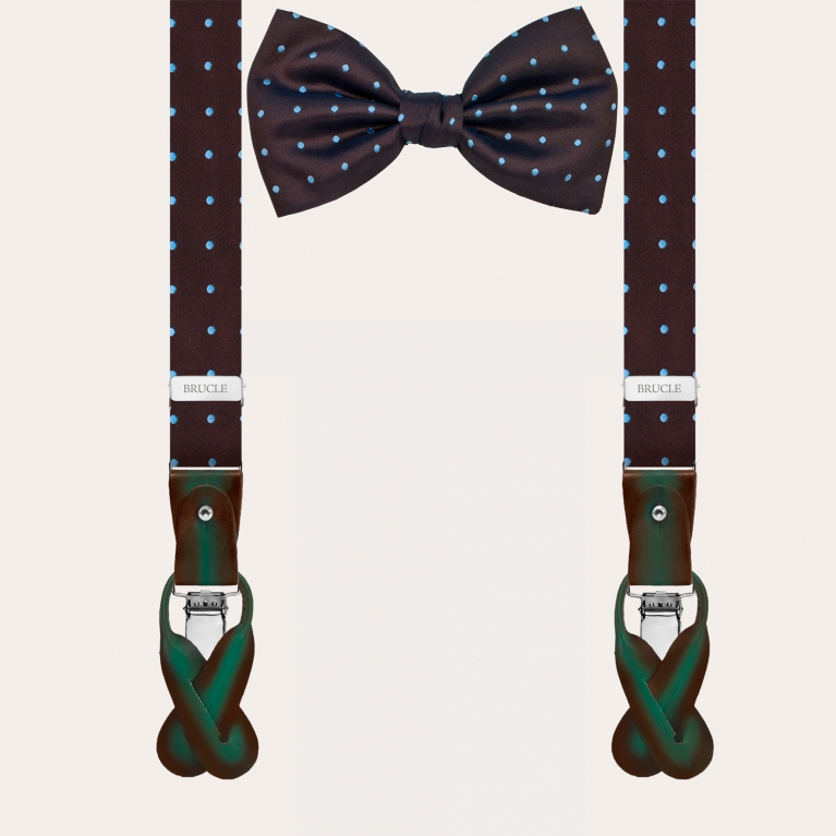 Set of brown and light blue jacquard silk suspenders and bow tie