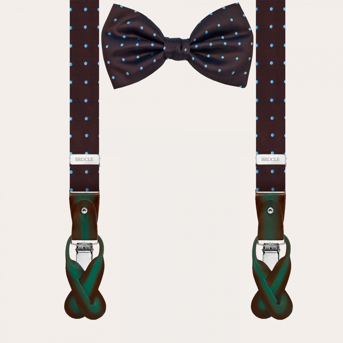 BRUCLE Set of brown and light blue jacquard silk suspenders and bow tie