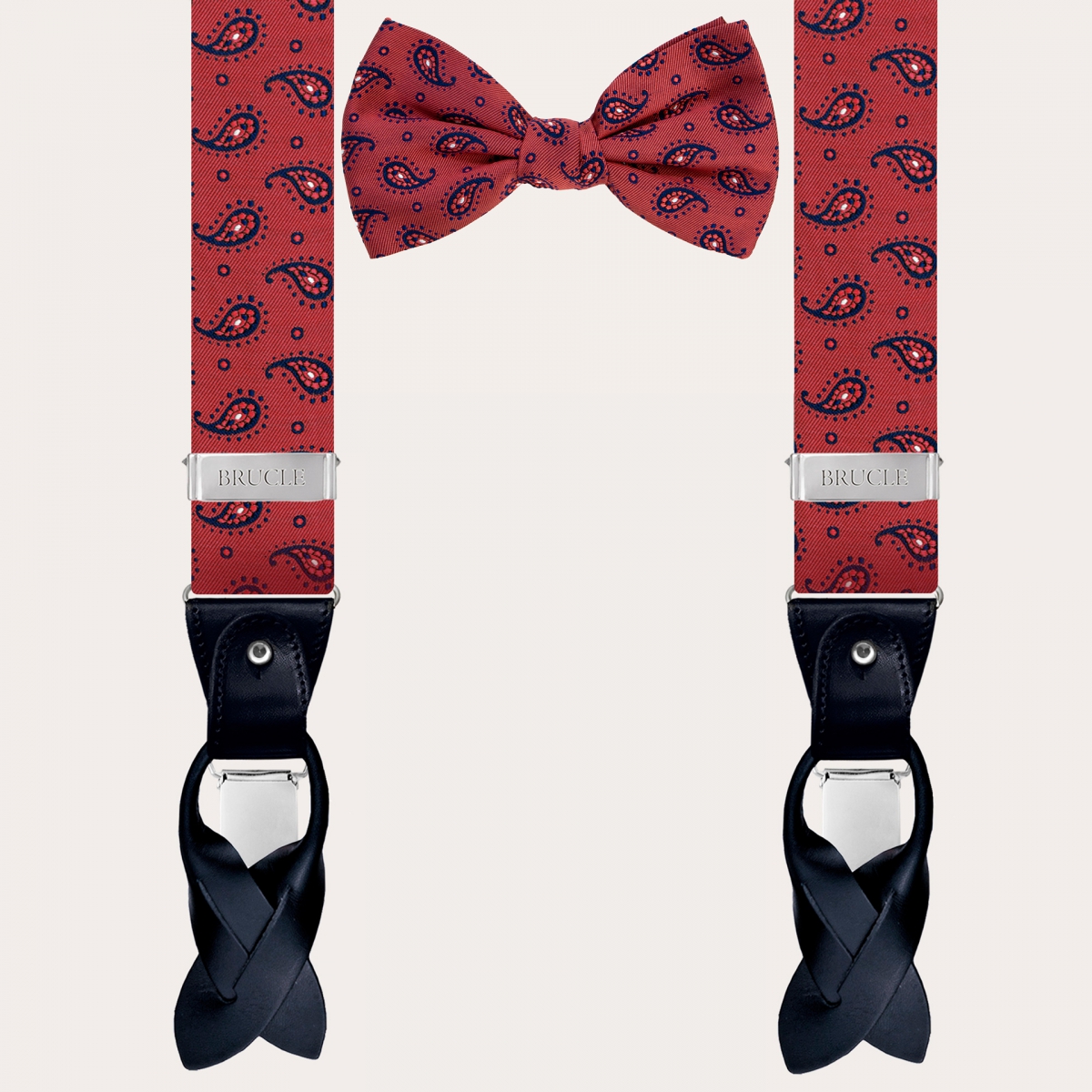 BRUCLE Raffinato set di bretelle rosse in seta con motivo paisley e papillon abbinato