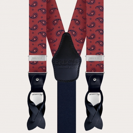 Raffinato set di bretelle rosse in seta con motivo paisley e papillon abbinato