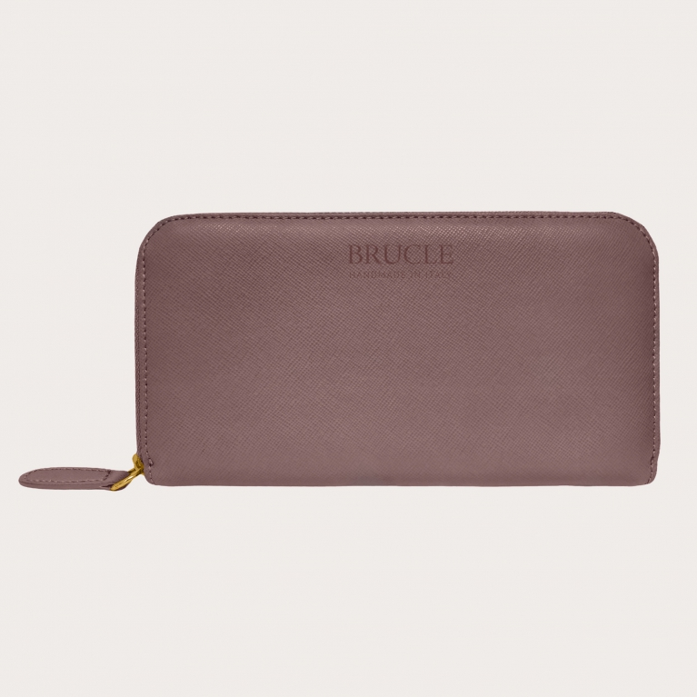 Elegant women's wallet with gold zip, mauve saffiano