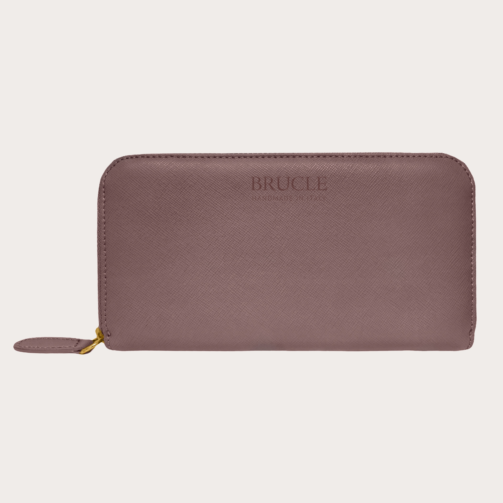 BRUCLE Portefeuille élégant pour femme avec fermeture éclair dorée, couleur mauve, imprimé saffiano