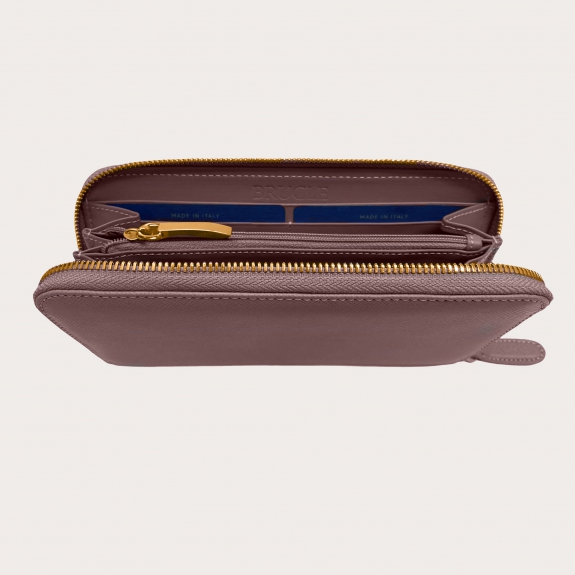 BRUCLE Women's saffiano print smart wallet with gold zipper, mauve color