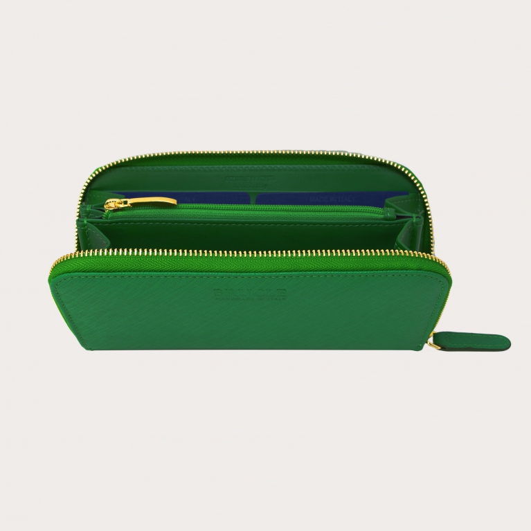 Women's saffiano print wallet with gold zipper, emerald green