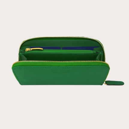 Damen Portemonnaie mit Saffiano-Druck und goldenem Reißverschluss, Smaragdgrün