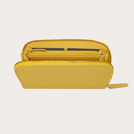 Women's leather wallet with gold zip, mimosa yellow saffiano