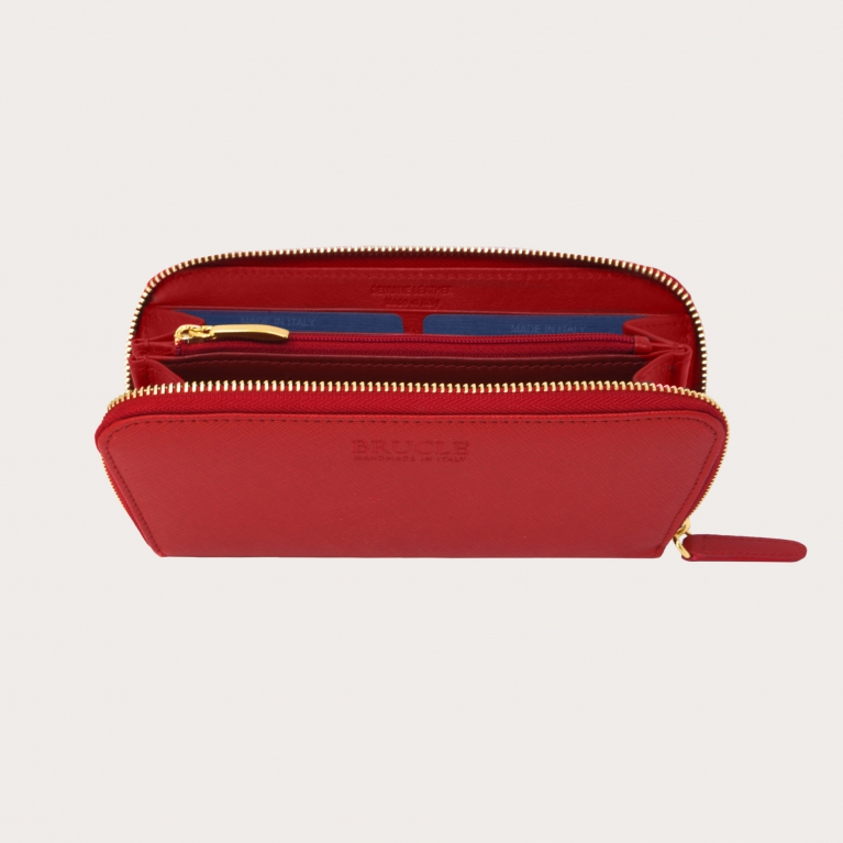 Portefeuille élégant pour femme en imprimé saffiano avec fermeture éclair dorée, rouge rubis