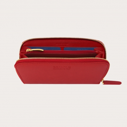 Elegante portafoglio da donna in stampa saffiano con zip oro, rosso rubino