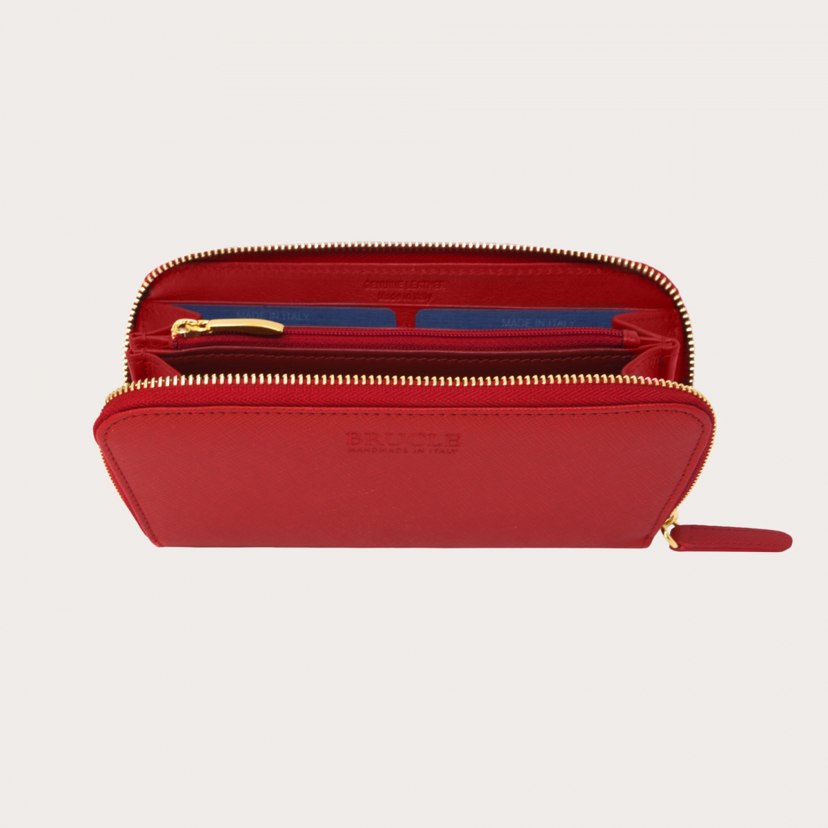 BRUCLE Cartera de mujer elegante en estampado saffiano con cremallera dorada, rojo rubí