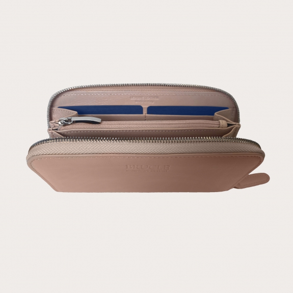 BRUCLE Portefeuille femme raffiné en cuir avec zip, couleur poudre