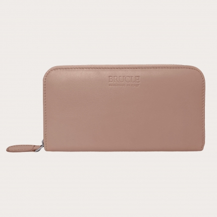 Refined women's wallet in leather with zip, powder color