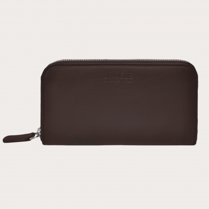 Brown women's leather wallet with zipper, dark brown