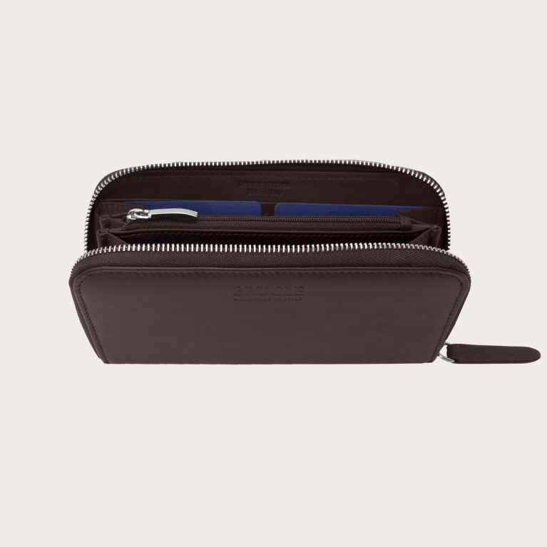 Cartera de mujer en piel con cremallera, marrón oscuro