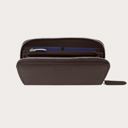 Brown women's leather wallet with zipper, dark brown