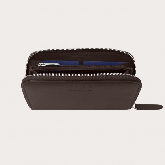 BRUCLE Portefeuille femme en cuir avec fermeture éclair, marron foncé