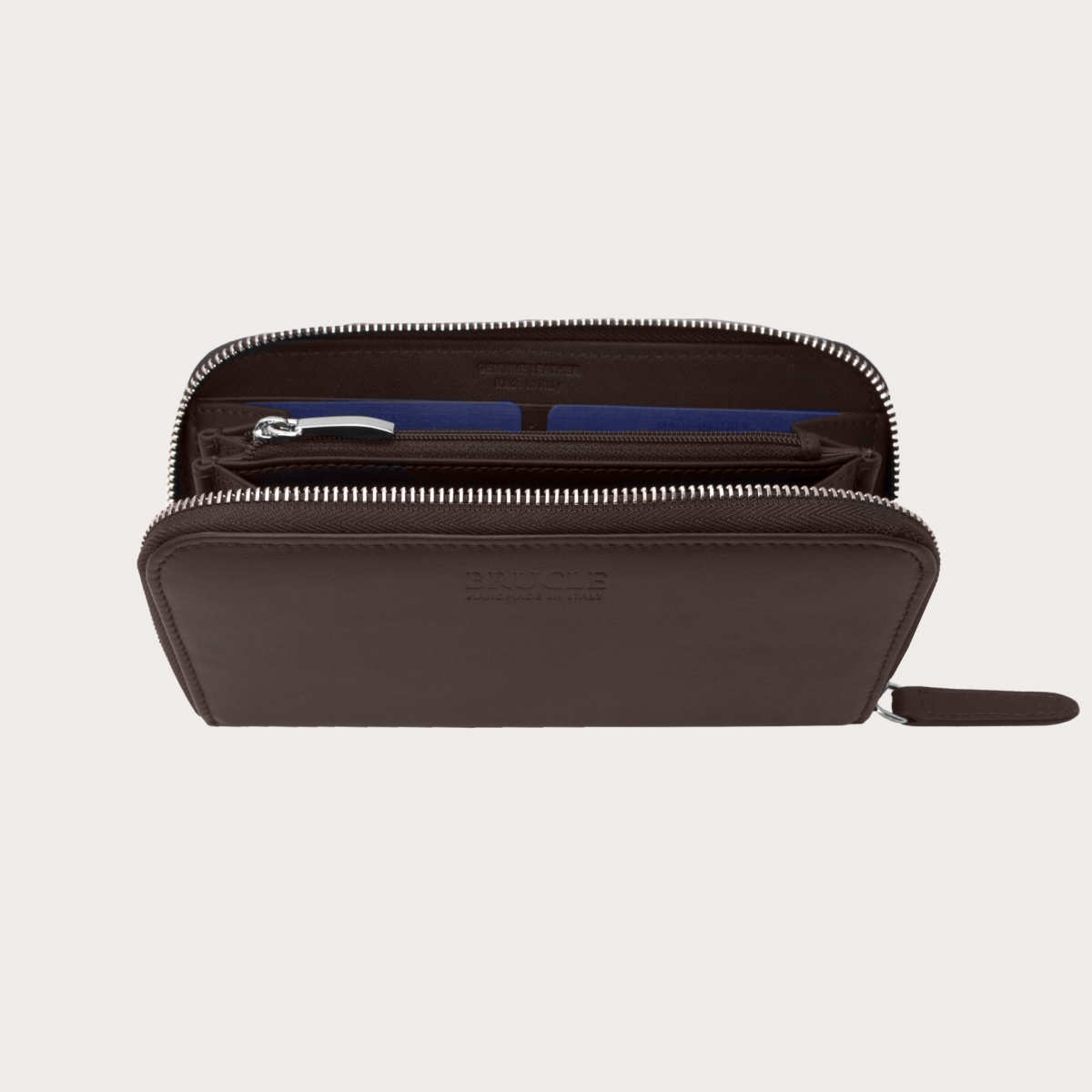 BRUCLE Portefeuille femme en cuir avec fermeture éclair, marron foncé