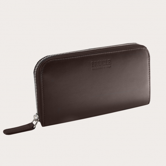 BRUCLE Portefeuille femme en cuir avec fermeture éclair, marron foncé