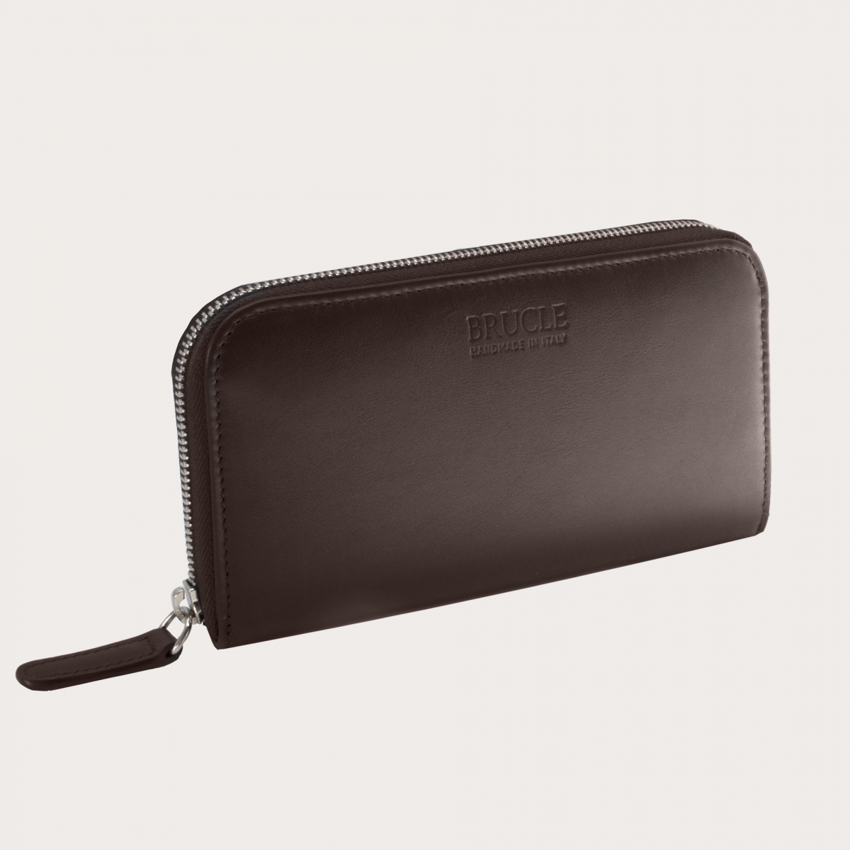 BRUCLE Portefeuille femme en cuir avec fermeture éclair, marron foncé