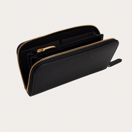 Spacious women's black wallet with gold zipper