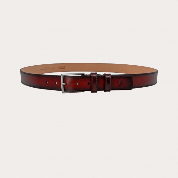 Elegant nickel-free hand-dyed flat belt, burgundy shaded dark brown