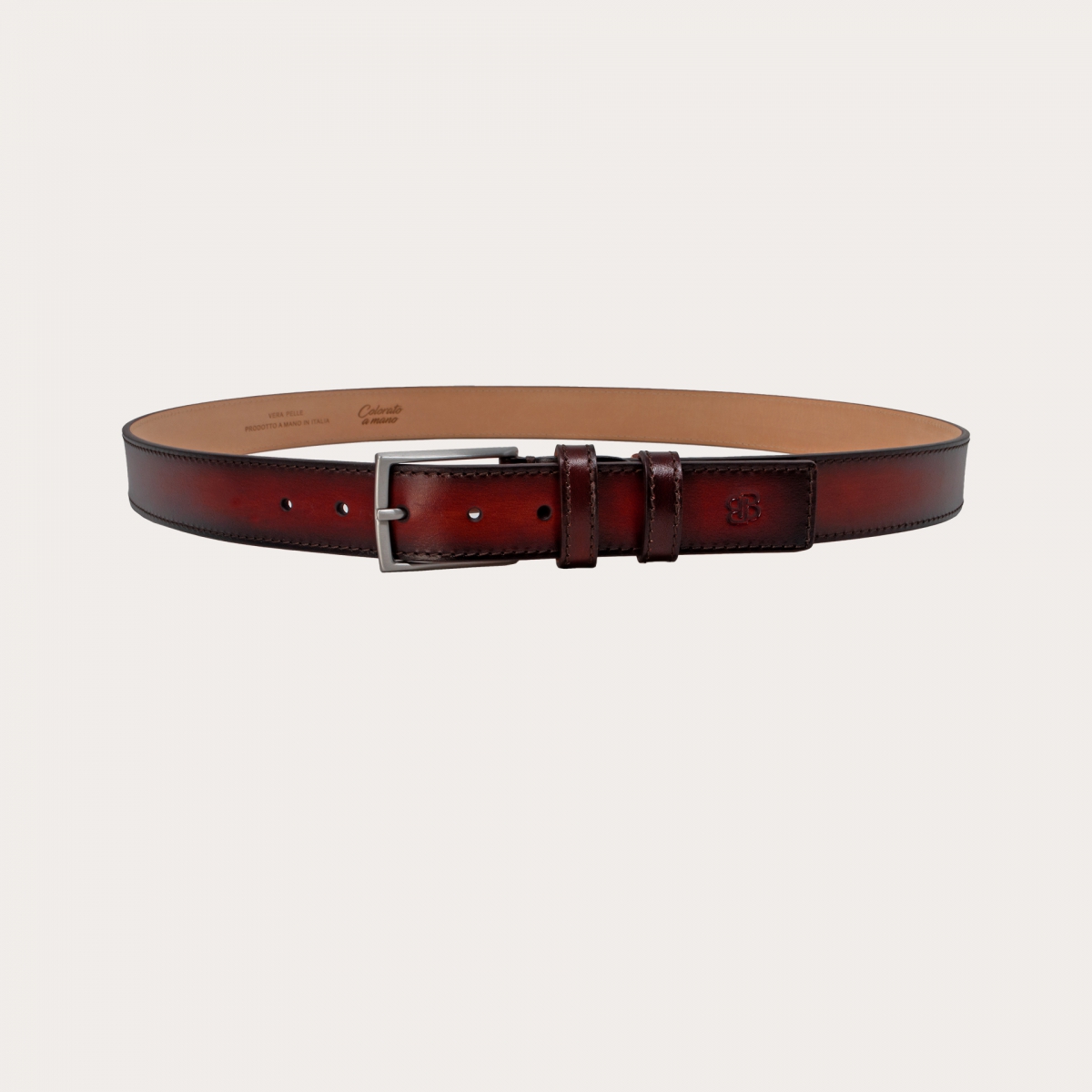 BRUCLE Ceinture plate élégante, teintée à la main, sans nickel, de couleur bordeaux foncé avec des nuances de brun foncé