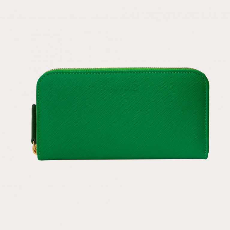 Portafoglio da donna in stampa saffiano con zip oro, verde smeraldo