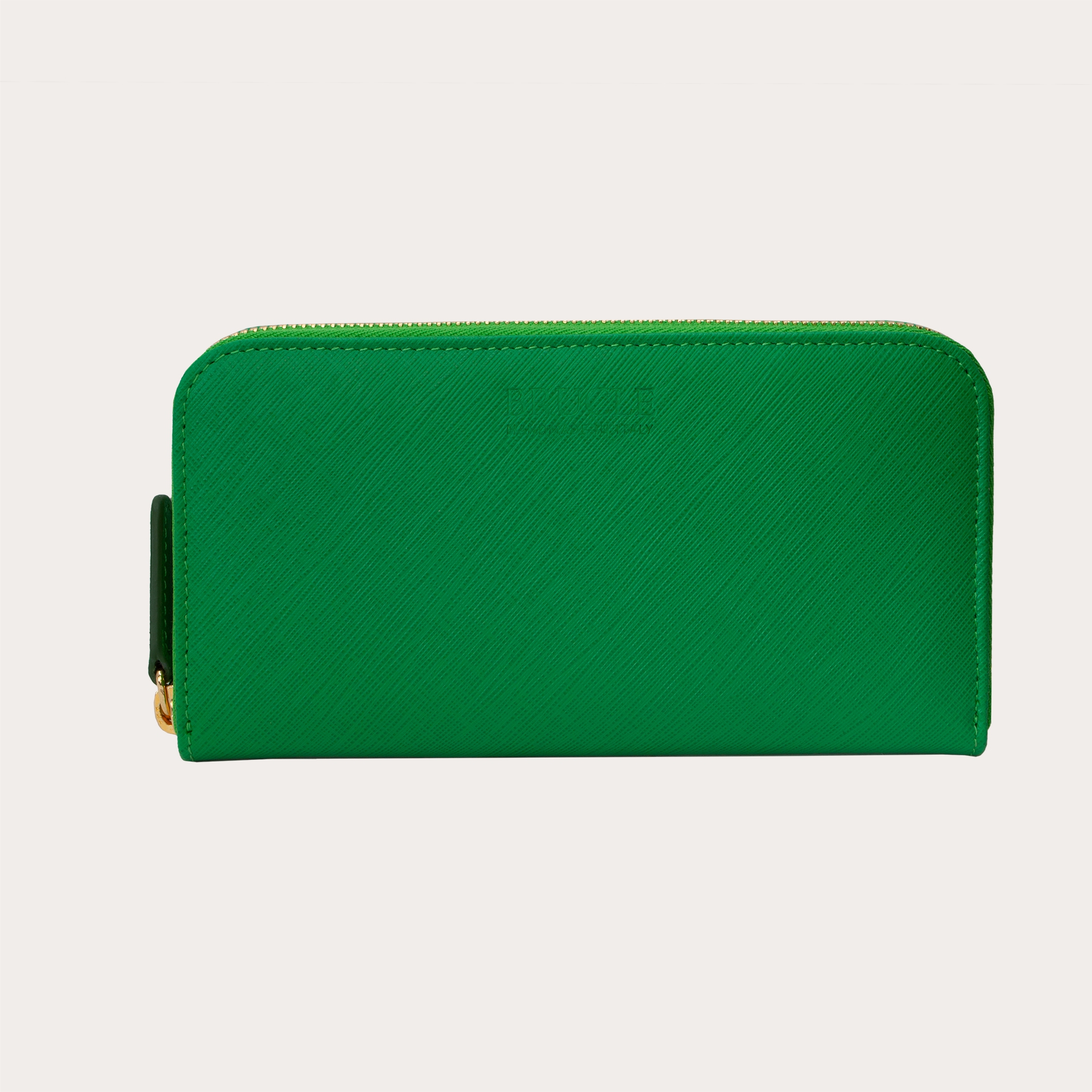 BRUCLE Portefeuille élégant pour femme avec fermeture éclair dorée, vert émeraude, imprimé saffiano