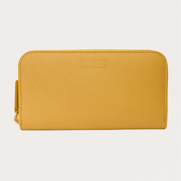 Damenbrieftasche aus Leder mit goldenem Reißverschluss, mimosengelber Saffiano